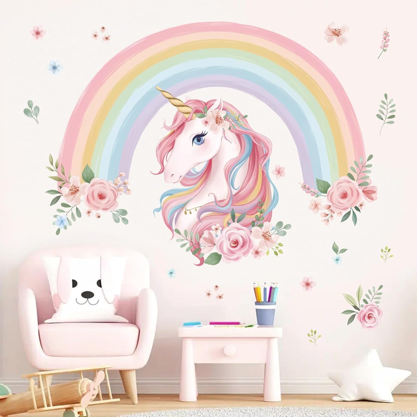 Calcomanías decorativas de Arcoíris, Flores y Unicornio estilo acuarela de alta calidad – Pared habitación de Niñas – 2 Hojas – Impermeables – Fácil de instalar