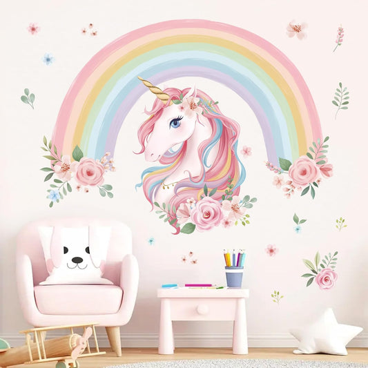 Calcomanías decorativas de Arcoíris, Flores y Unicornio estilo acuarela de alta calidad – Pared habitación de Niñas – 2 Hojas – Impermeables – Fácil de instalar