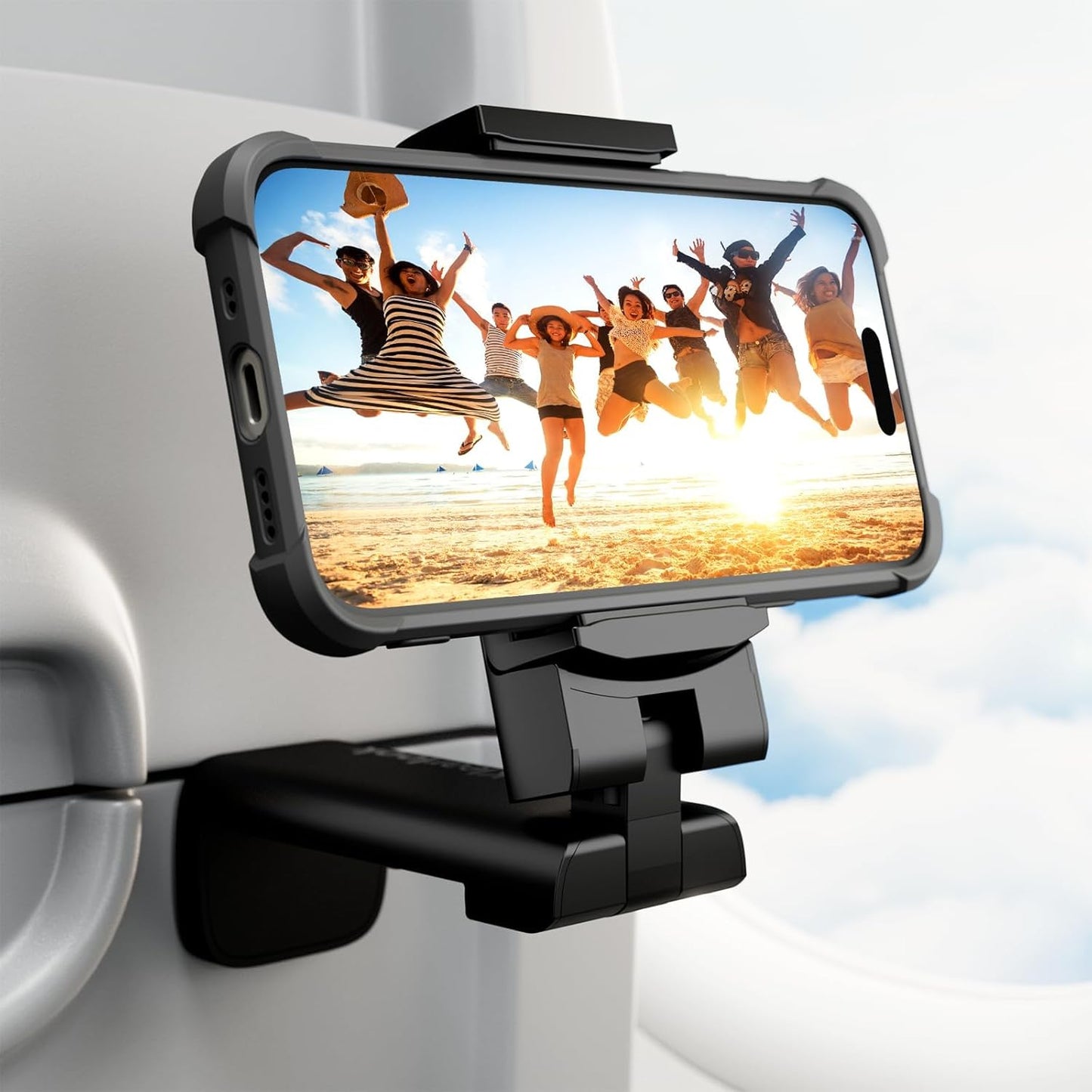 Soporte y estabilizador Universal para Celular - Ideal para avión, oficina y hogar – Clip multidireccional de 360° - Diseño Plegable - Accesorios para Viaje - Negro
