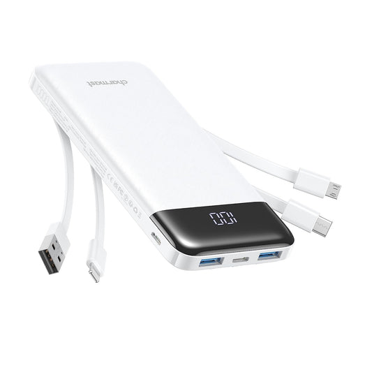 Bancos de Energía con 4 Cables Integrados - Power Bank - 10000 mAh USB-C - Carga Rápida - Pantalla Led - Protección contra sobrecarga - Compatibilidad Universal - Accesorios de Viaje - Blanco