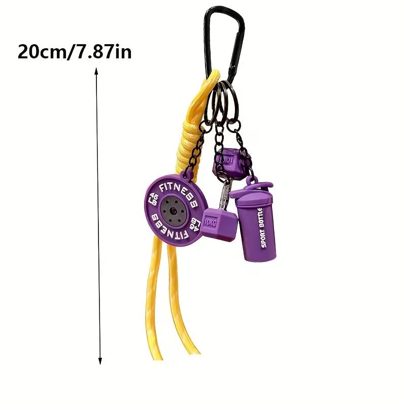 Llavero Deportivo Temático - Mini Mancuerna, Mini Barra de Pesas y Mini Botella Deportiva - Accesorio creativo para Mujer - Fitness - Morado