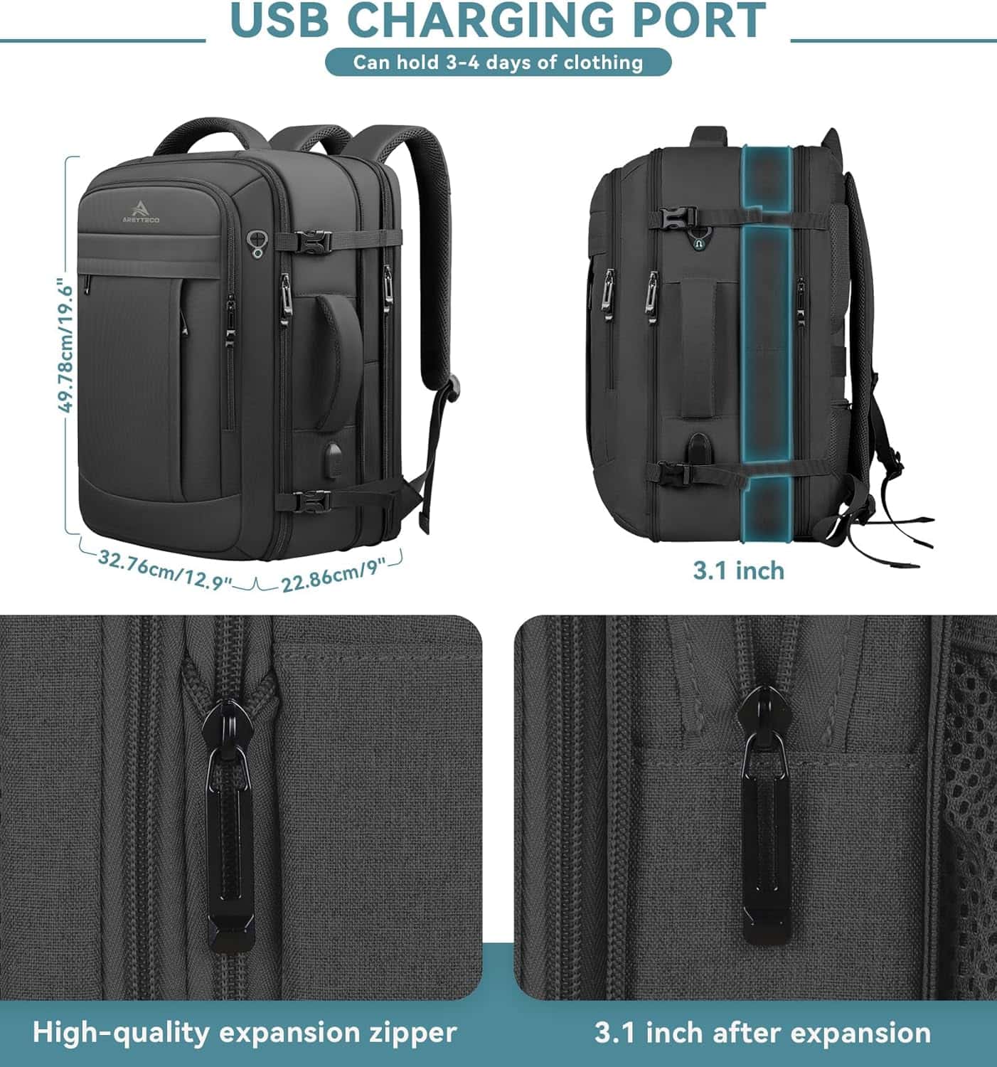Mochila de Viaje Expandible 50L – Carry-On, Resistente al Agua con USB