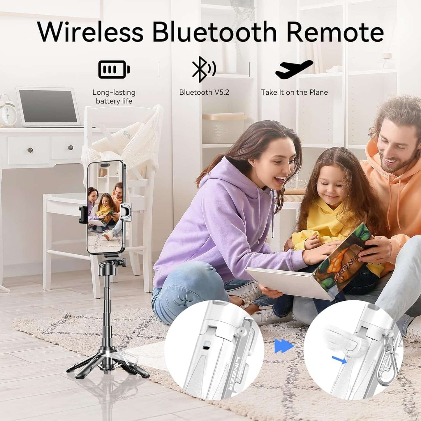 Selfie Stick 3 en 1 de Aluminio con Trípode y Control Bluetooth Negro