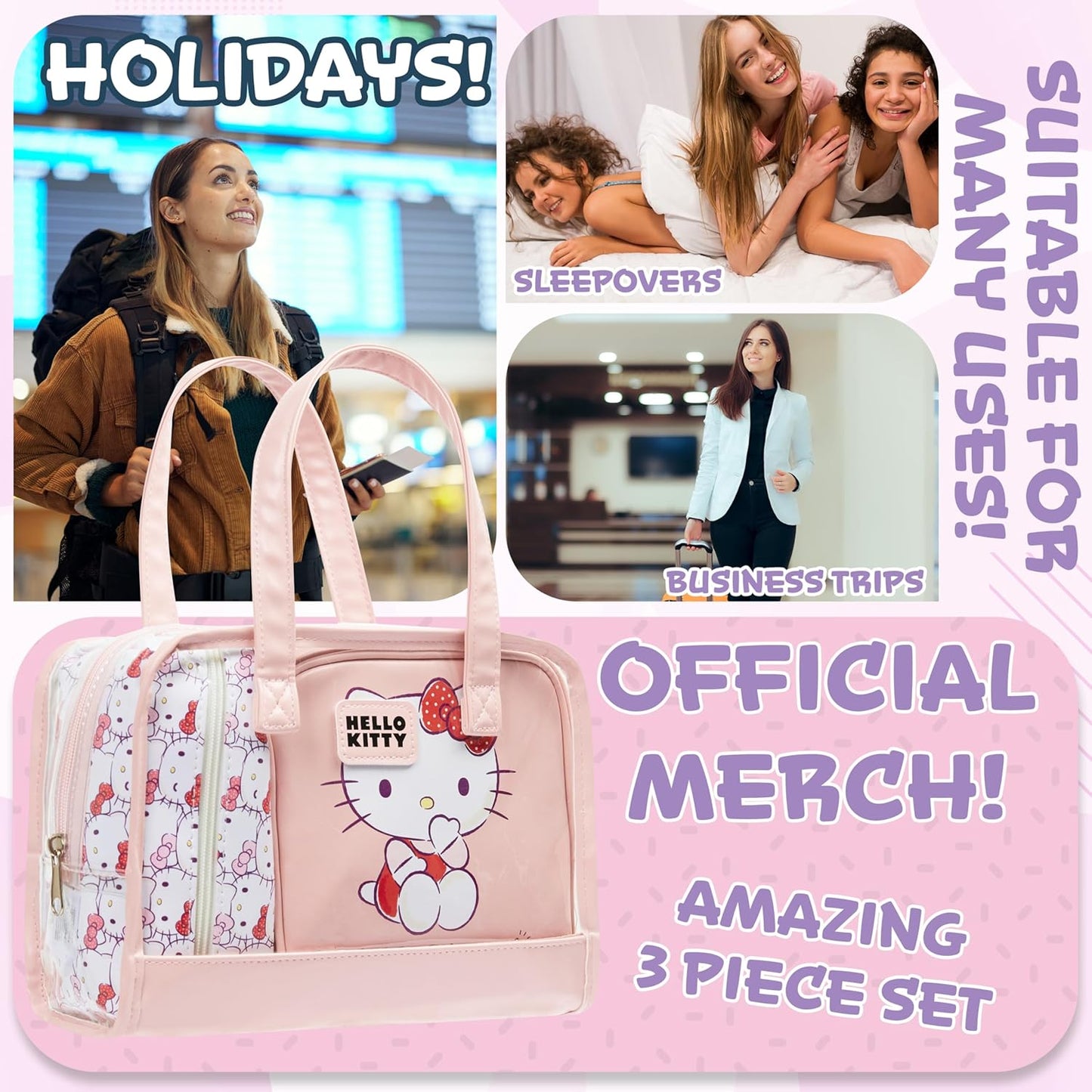 Neceser y Bolsa de Maquillaje Hello Kitty – Set de 3 Piezas Rosado