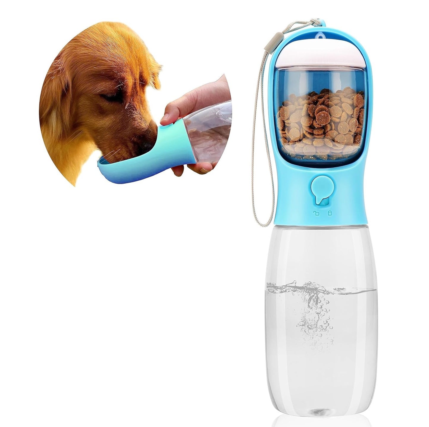 Botella Dispensadora Portátil de agua 550 ml. y alimento 100 g. para mascotas - Botella + Tazón - A Prueba de Fugas (Color Celeste)