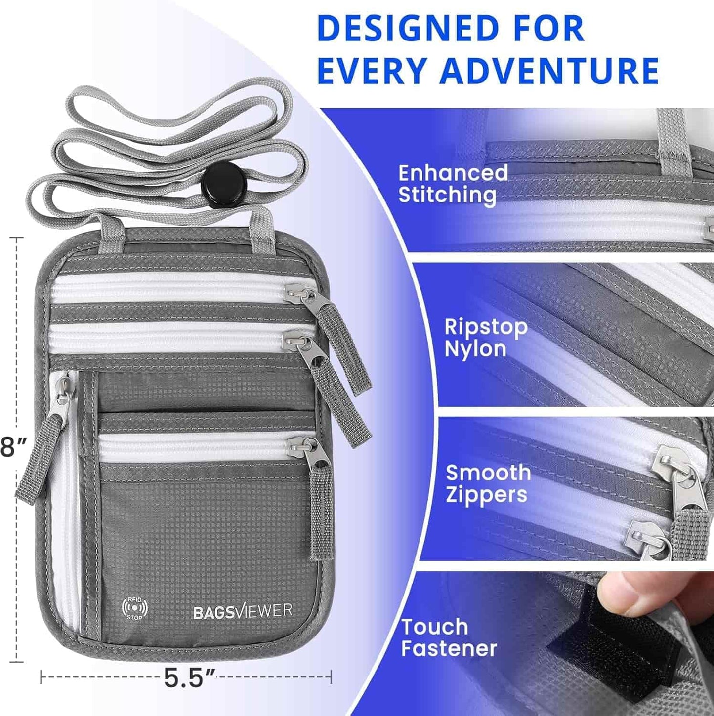 Bolso de cuello para viaje Antirrobo con Bloqueo RFID - Gris Claro