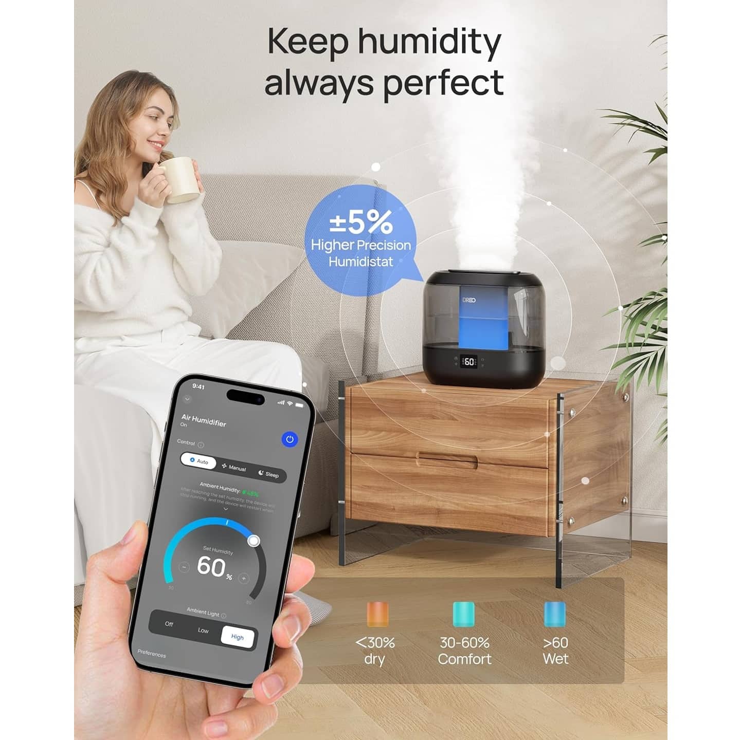 Humidificador Ultrasónico 4L Inteligente WiFi – Alexa/Google, Difusor Negro