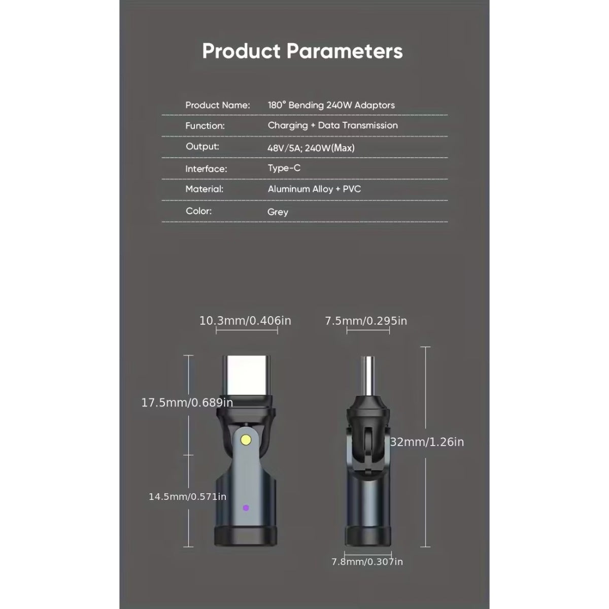 Adaptador USB-C PD 240W Giratorio 180° Alta Potencia