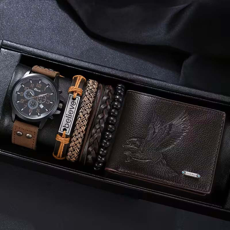 Set de Accesorios de Moda para Hombre 6 Piezas - Reloj Pulseras Billetera - Café Oscuro Aguila