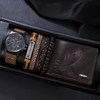 Set de Accesorios de Moda para Hombre 6 Piezas - Reloj Pulseras Billetera - Café Oscuro Aguila