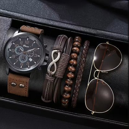 Set de Accesorios de Moda para Hombre 6 Piezas - Reloj Pulseras Gafas Aviador - Café Oscuro
