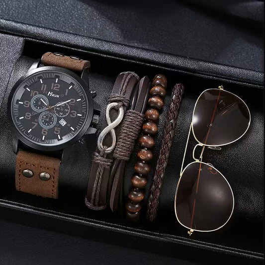 Accesorios de Moda para Hombre - Set de Regalo de 6 Piezas - Reloj, Pulseras y Gafas Aviador - Estilo Ejecutivo y Casual – Negro y Café Oscuro