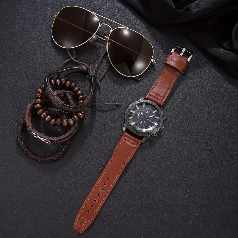 Set de Accesorios de Moda para Hombre 6 Piezas - Reloj Pulseras Gafas Aviador - Café Oscuro y Claro