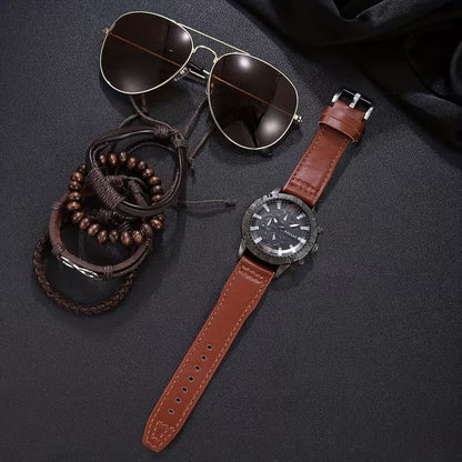 Set de Accesorios de Moda para Hombre 6 Piezas - Reloj Pulseras Gafas Aviador - Café Oscuro y Claro