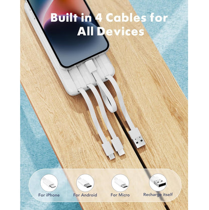 Power Bank 10000mAh 4 Cables Integrados USB-C Carga Rápida Blanco