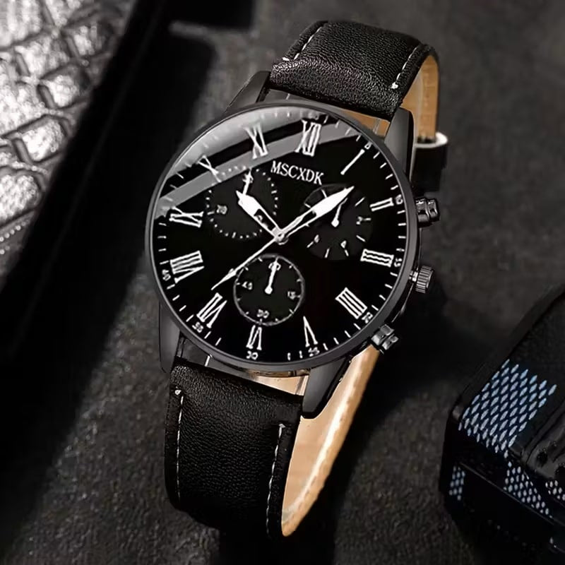 Set de Accesorios de Moda para Hombre 5 Piezas - Reloj Pulsera Anillo Collar Billetera - Negro
