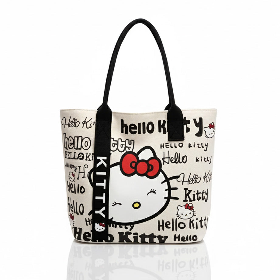 Bolso Tote Hello Kitty Sanrio para Mujer - Gran Capacidad - Diseño con Cara y Lazo Icónico – Con cremallera - Lavable - Ideal para Compras y Viajes -  Blanco y Negro
