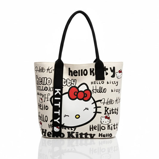 Bolso Tote Hello Kitty Sanrio para Mujer - Gran Capacidad - Diseño con Cara y Lazo Icónico – Con cremallera - Lavable - Ideal para Compras y Viajes -  Blanco y Negro