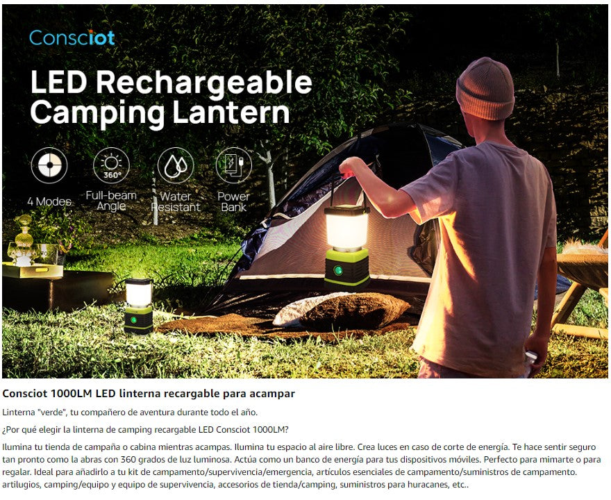 Linterna LED Camping 1000 lm Recargable 4400 mAh IPX4