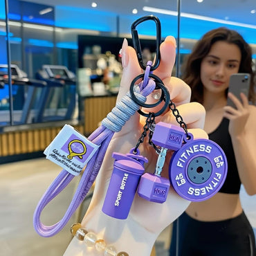 Llavero Deportivo Temático - Mini Mancuerna, Mini Barra de Pesas y Mini Botella Deportiva - Accesorio creativo para Mujer - Fitness - Morado