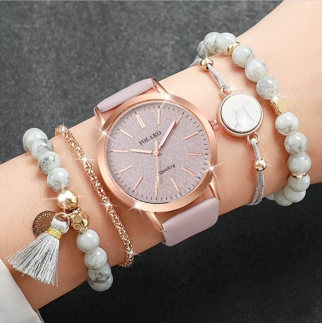Set de Accesorios para Mujer 5pz Reloj y Pulseras Rose Gold Piedra Gris