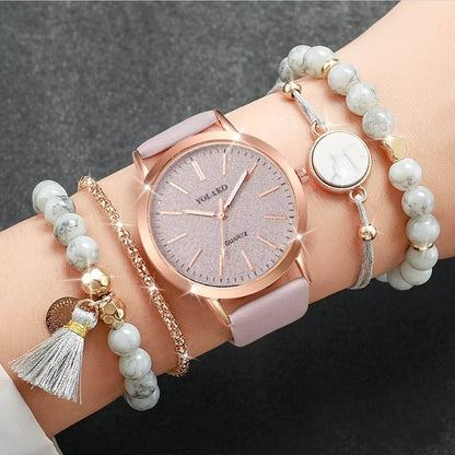 Set de Accesorios para Mujer 5pz Reloj y Pulseras Rose Gold Piedra Gris