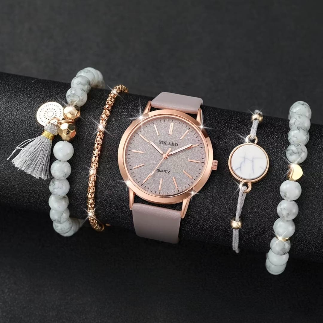 Set de Accesorios para Mujer 5pz Reloj y Pulseras Rose Gold Piedra Gris