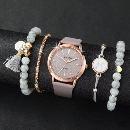 Set de Accesorios para Mujer 5pz Reloj y Pulseras Rose Gold Piedra Gris