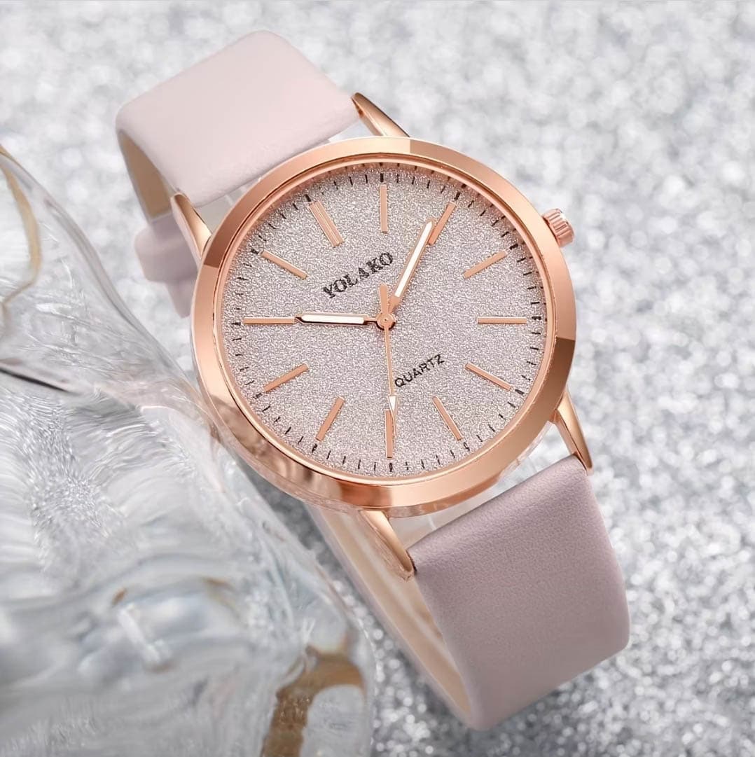Set de Accesorios para Mujer 5pz Reloj y Pulseras Rose Gold Piedra Gris