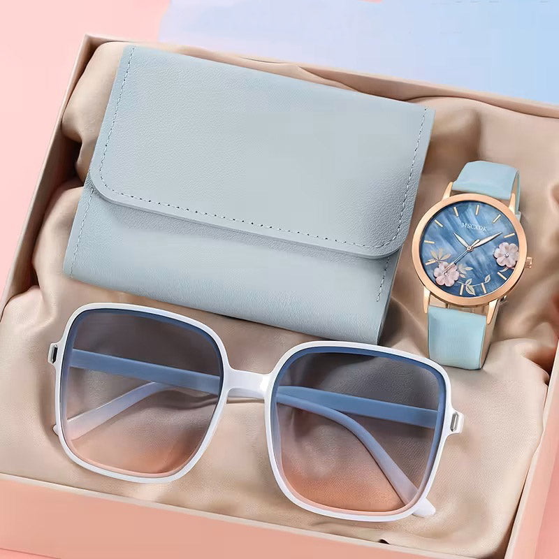 Accesorios de Moda para Mujer - Set de Regalo de 3 Piezas - Reloj, Billetera y Gafas de Sol - Elegancia y Estilo – Turqueza y Dorado
