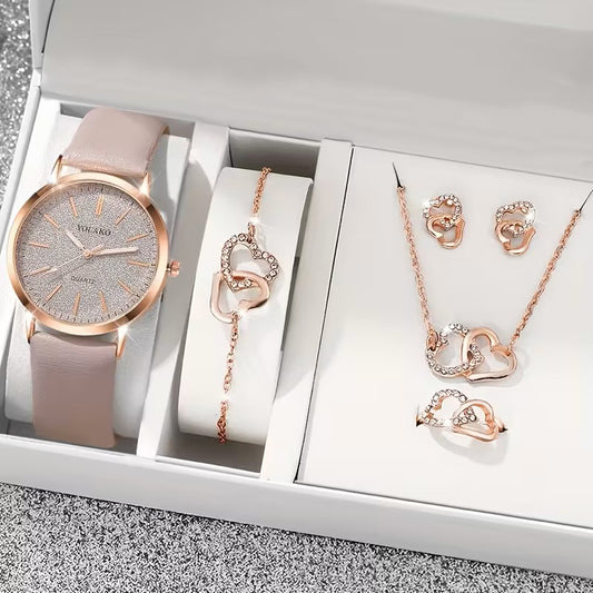 Accesorios de Moda para Mujer - Set de Regalo de 6 Piezas - Reloj, Aretes, Collar, Anillo y Pulsera - Elegancia y Estilo – Dorado y Diamantes