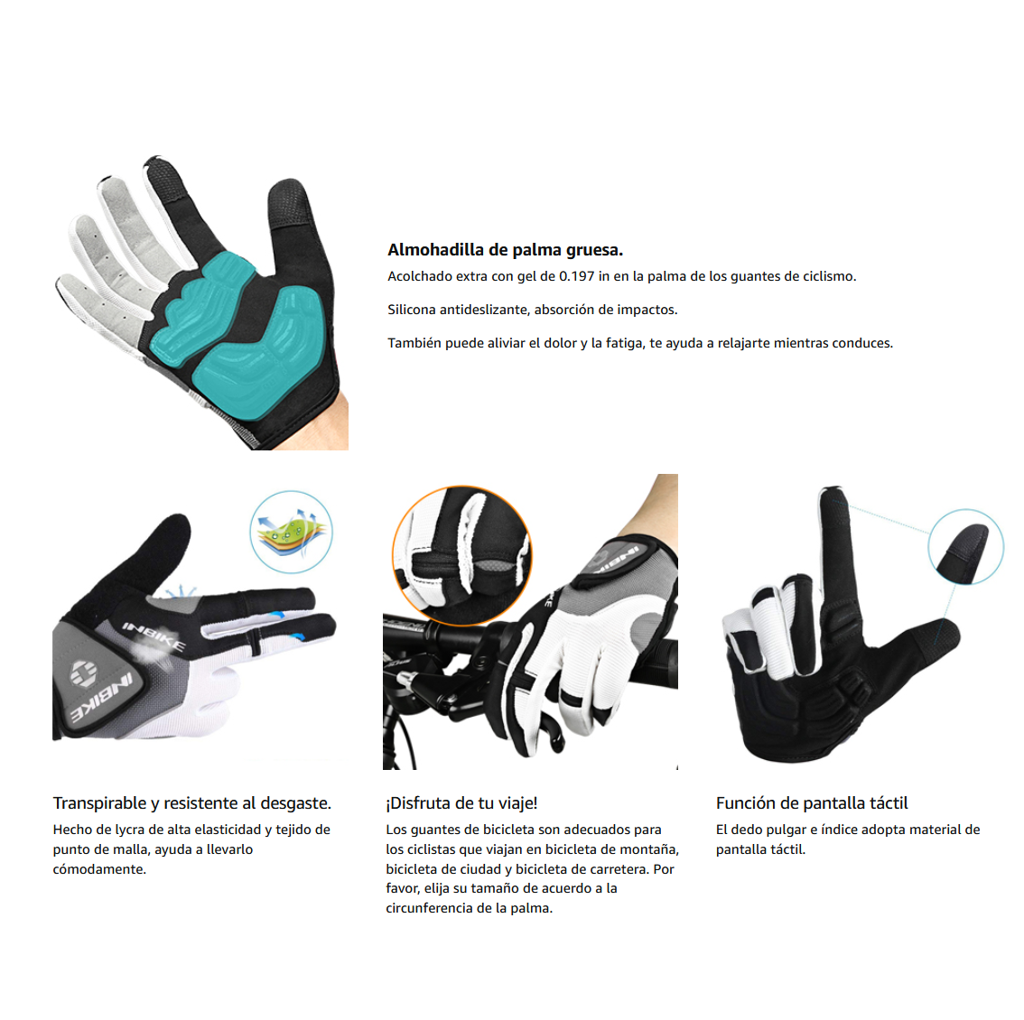 Guantes de Ciclismo Acolchados con Gel Antideslizantes Táctiles Small