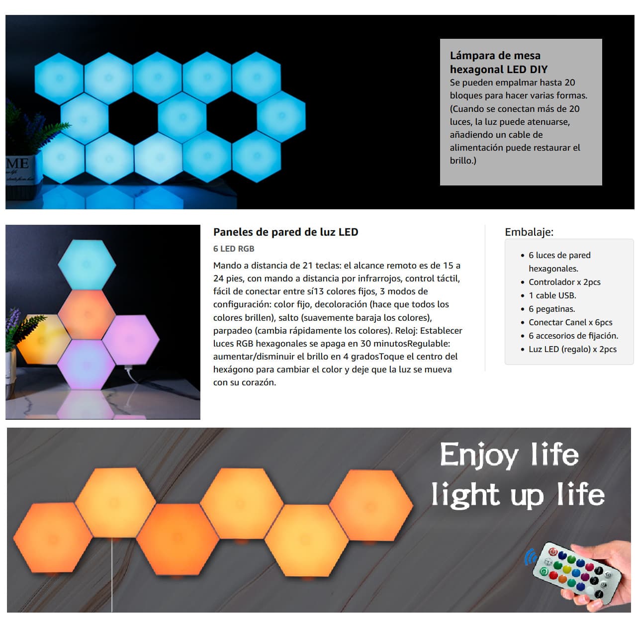 Lámparas LED RGB Hexagonales – Programables y Táctiles con Control Remoto