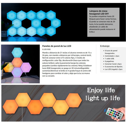 Lámparas LED RGB Hexagonales – Programables y Táctiles con Control Remoto