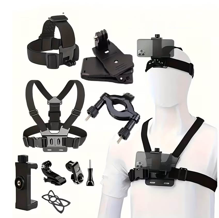Soporte de Correa y Clip para pecho y cabeza PRO - Kit de 9 piezas - Compatible con Celular, Smartphone, GoPro, DJI Osmo, Insta 360, Cámaras de Acción y más - POV/VLOG - Negro