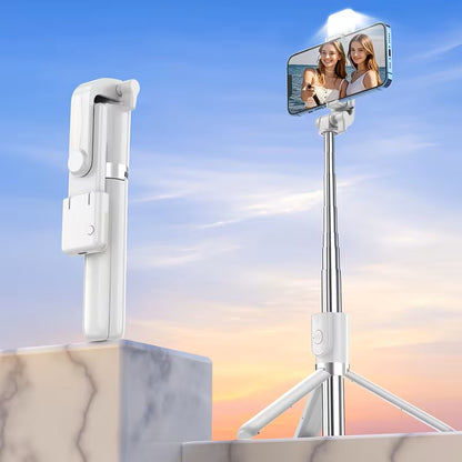 Selfie Stick 3 en 1 con Trípode y Luz LED para Vlogging Blanco