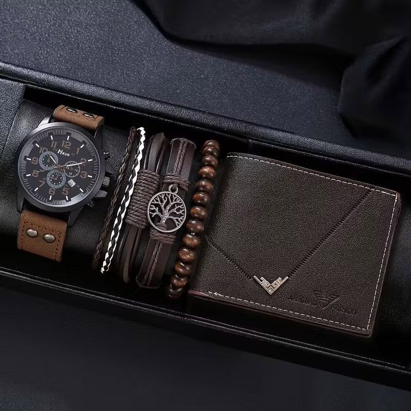 Accesorios de Moda para Hombre - Set de Regalo de 7 Piezas - Reloj, Pulseras y Billetera - Estilo Ejecutivo y Casual – Negro y Café Oscuro
