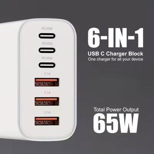 Cargador de Pared USB-C y USB-A 65W 6 Puertos con Carga Rápida