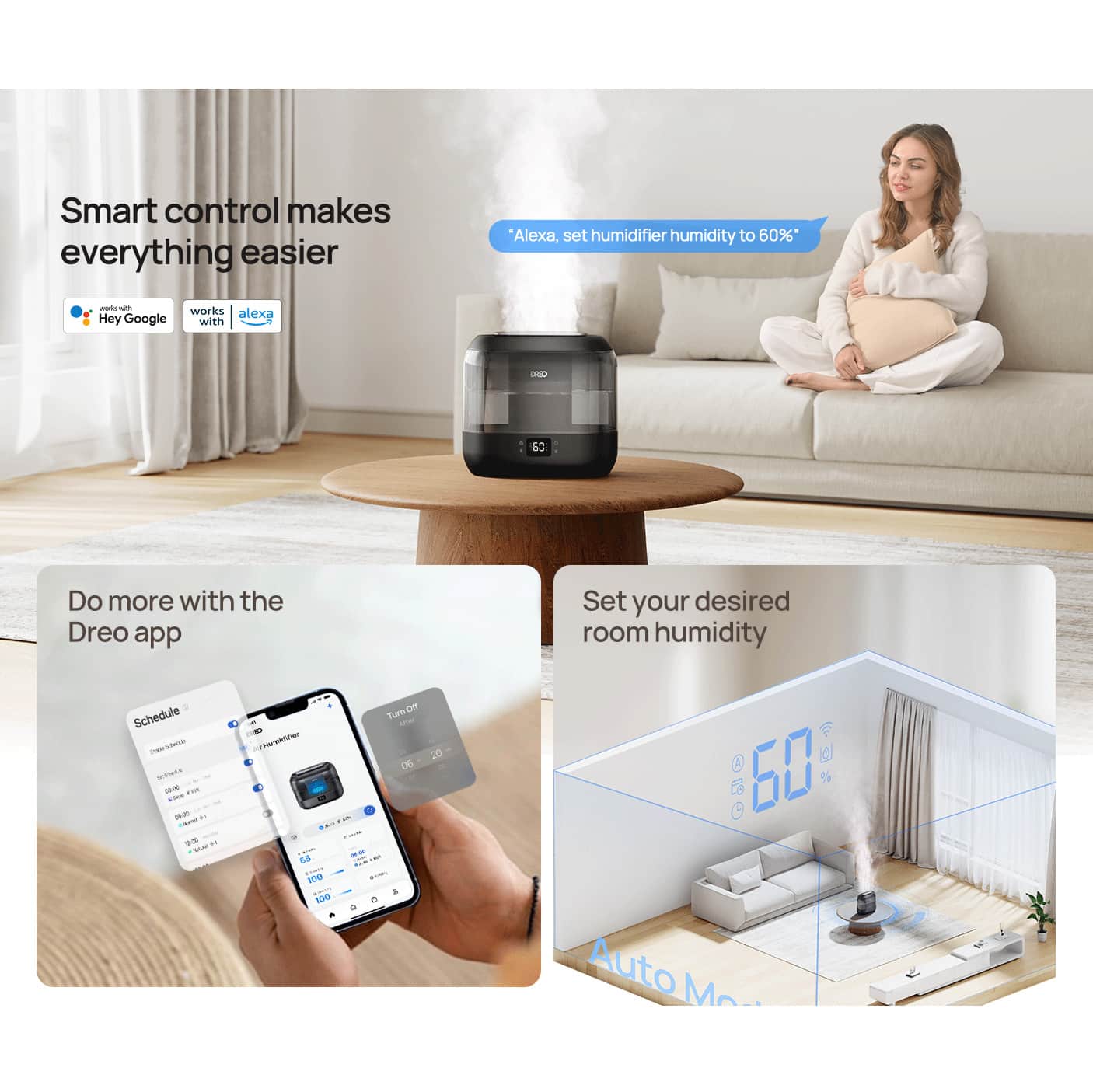 Humidificador Ultrasónico 4L Inteligente WiFi – Alexa/Google, Difusor Negro