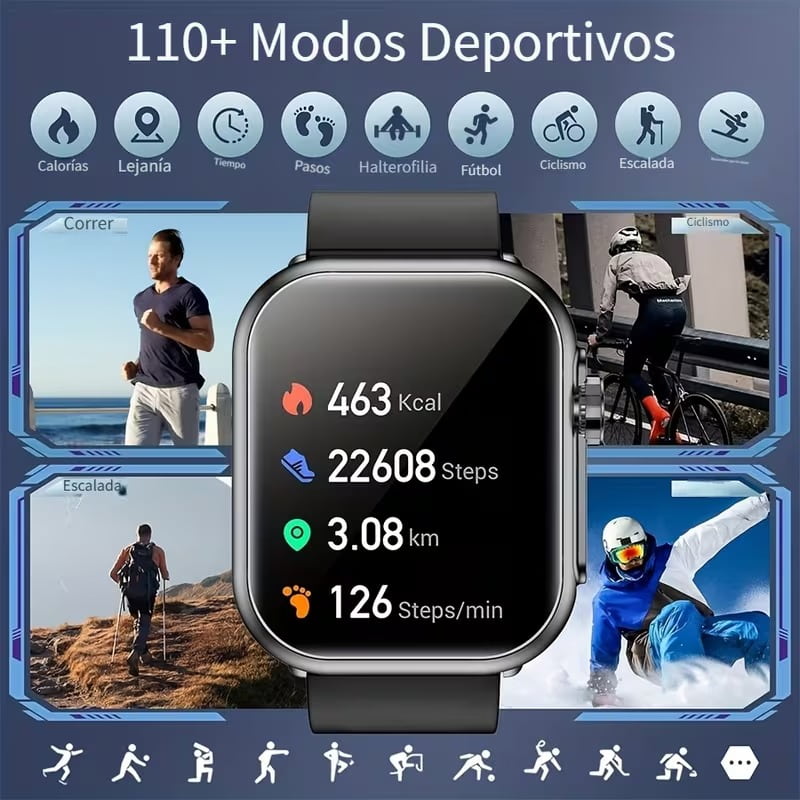Smartwatch Negro con Llamadas Bluetooth y 100+ Modos Deportivos