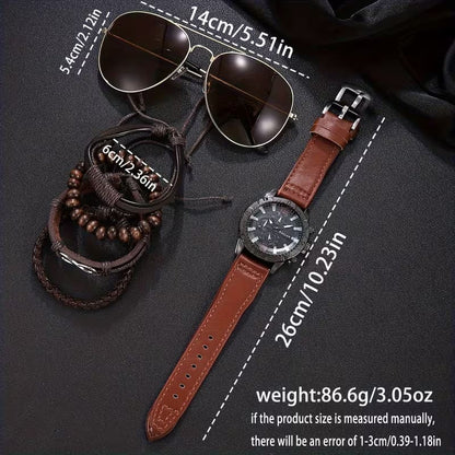 Set de Accesorios de Moda para Hombre 6 Piezas - Reloj Pulseras Gafas Aviador - Café Oscuro y Claro