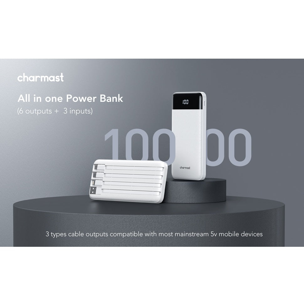 Power Bank 10000mAh 4 Cables Integrados USB-C Carga Rápida Blanco