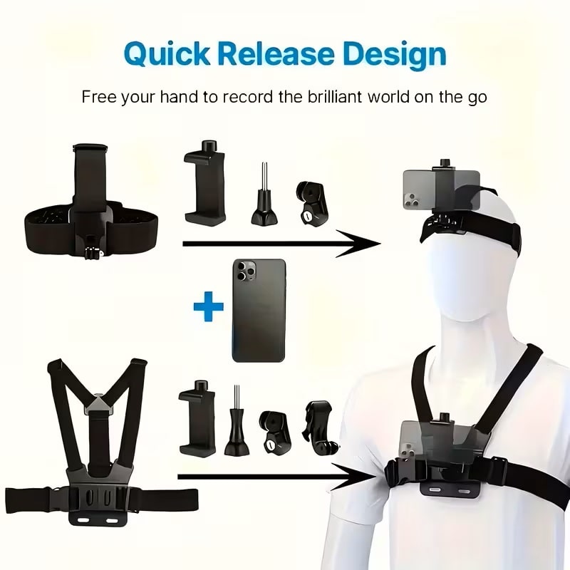 Kit PRO de Soportes para Pecho y Cabeza 9 Piezas para Cámaras de Acción Negro
