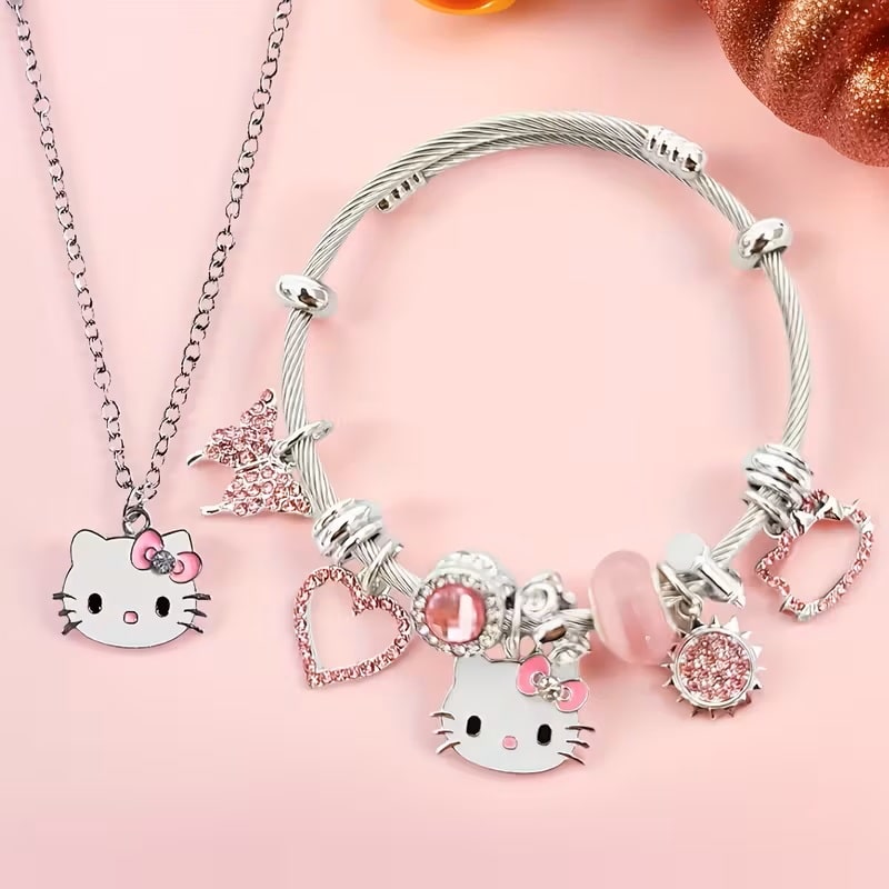 Set de Joyería Hello Kitty Sanrio con Collar y Pulsera Kawaii Plateado y Rosa