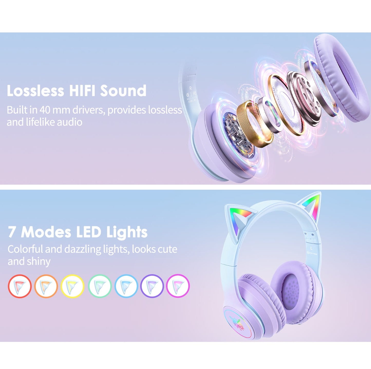 Audífonos Bluetooth ONITOON Orejas de Gato LED HiFi