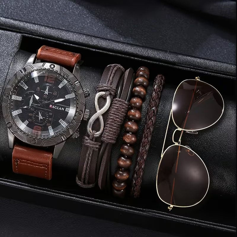 Set de Accesorios de Moda para Hombre 6 Piezas - Reloj Pulseras Gafas Aviador - Café Oscuro y Claro