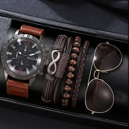 Set de Accesorios de Moda para Hombre 6 Piezas - Reloj Pulseras Gafas Aviador - Café Oscuro y Claro