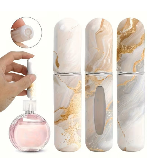 Atomizadores de Perfume para Mujer - Mini Botellas Rellenables – 5ml - Aluminio + Acrílico - Antifugas - Accesorios para Viaje - Textura de Mármol Amarillo- Pack x3