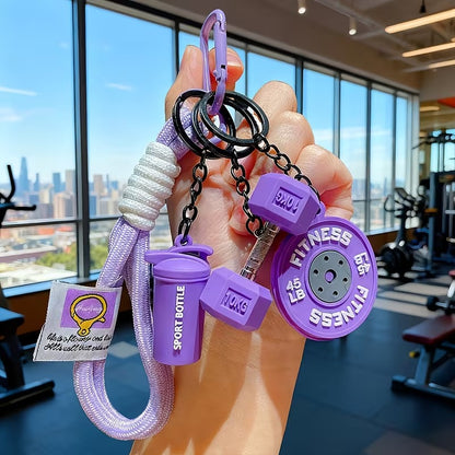 Llavero Deportivo Temático - Mini Mancuerna, Mini Barra de Pesas y Mini Botella Deportiva - Accesorio creativo para Mujer - Fitness - Morado