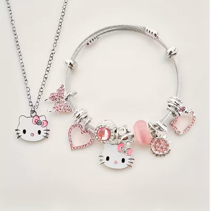 Set de Joyería Hello Kitty Sanrio con Collar y Pulsera Kawaii Plateado y Rosa